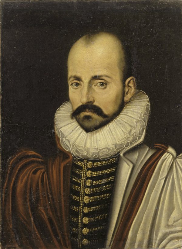 Portrait of Michel de Montaigne in a white ruff collar and dark doublet.